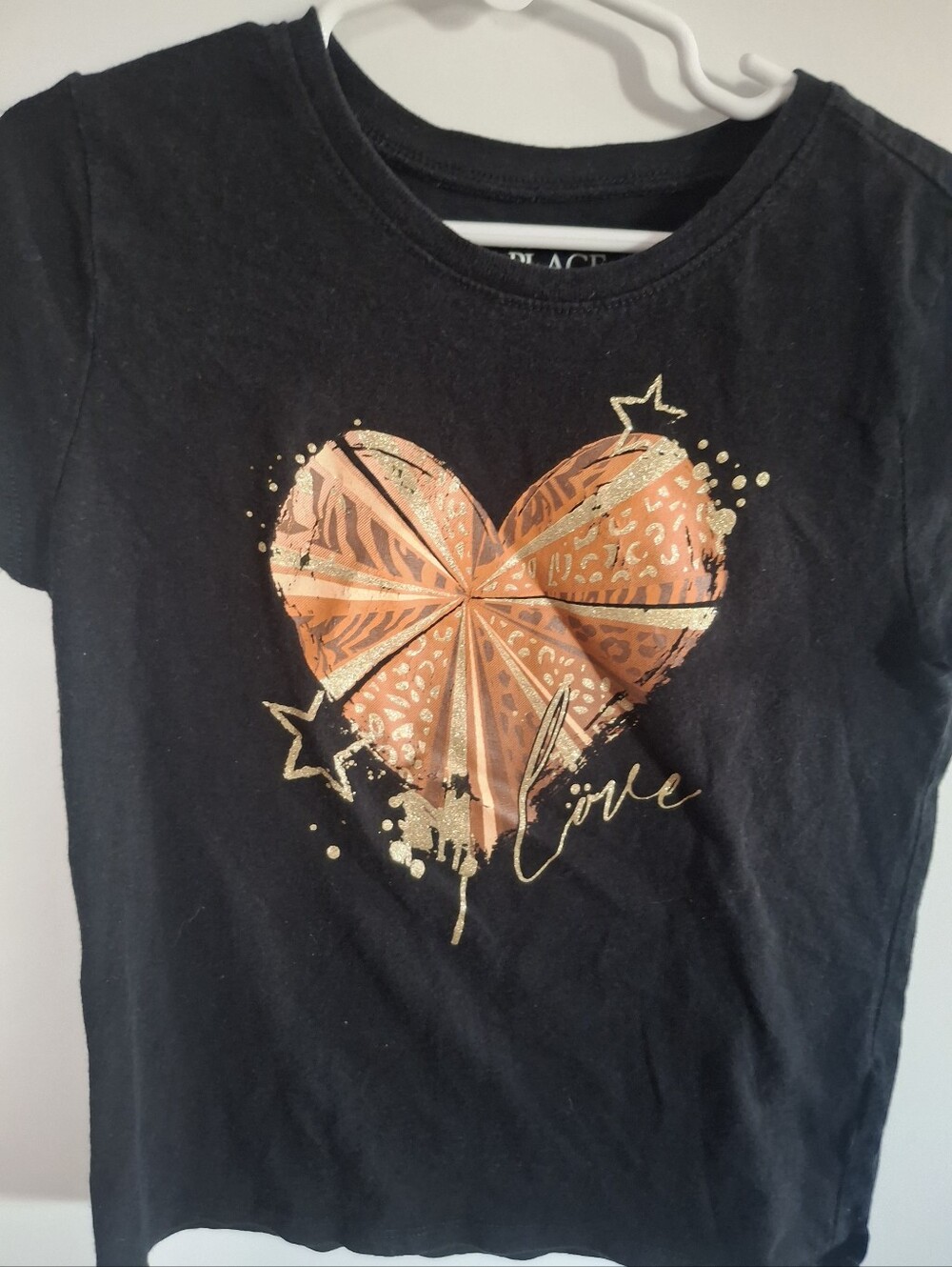 The Children's Place Black Tee with Orange Heart & Gold Foil